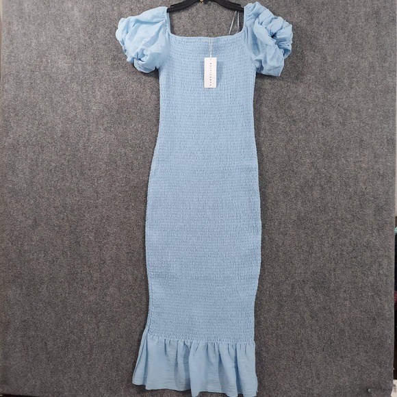 Baltic Born Dresses & Skirts - Baltic Born Dress Womens Small Blue Smocked Midi Bodycon Puff Sleeve Ruffle Hem
